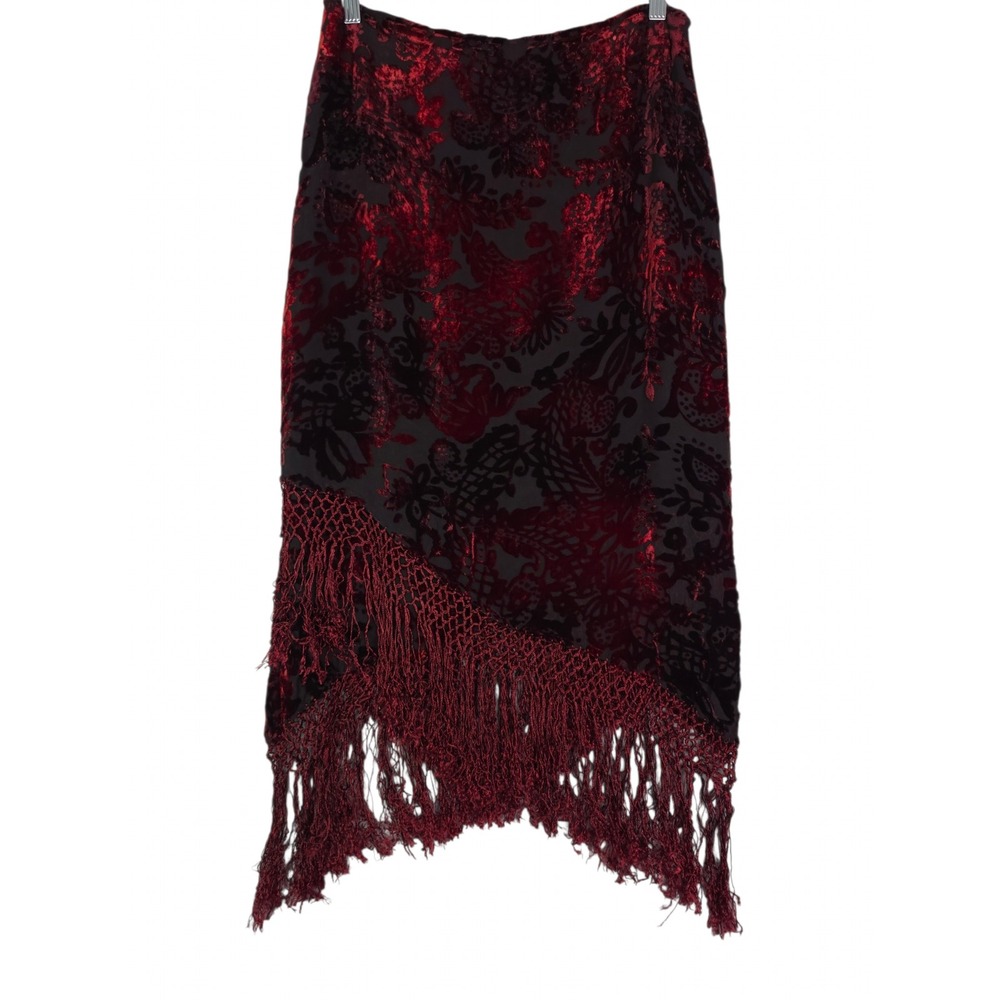 Muse Burnout Velvet Fringe Skirt Women 6 Silk Blend Burgundy Floral Asymmetrical